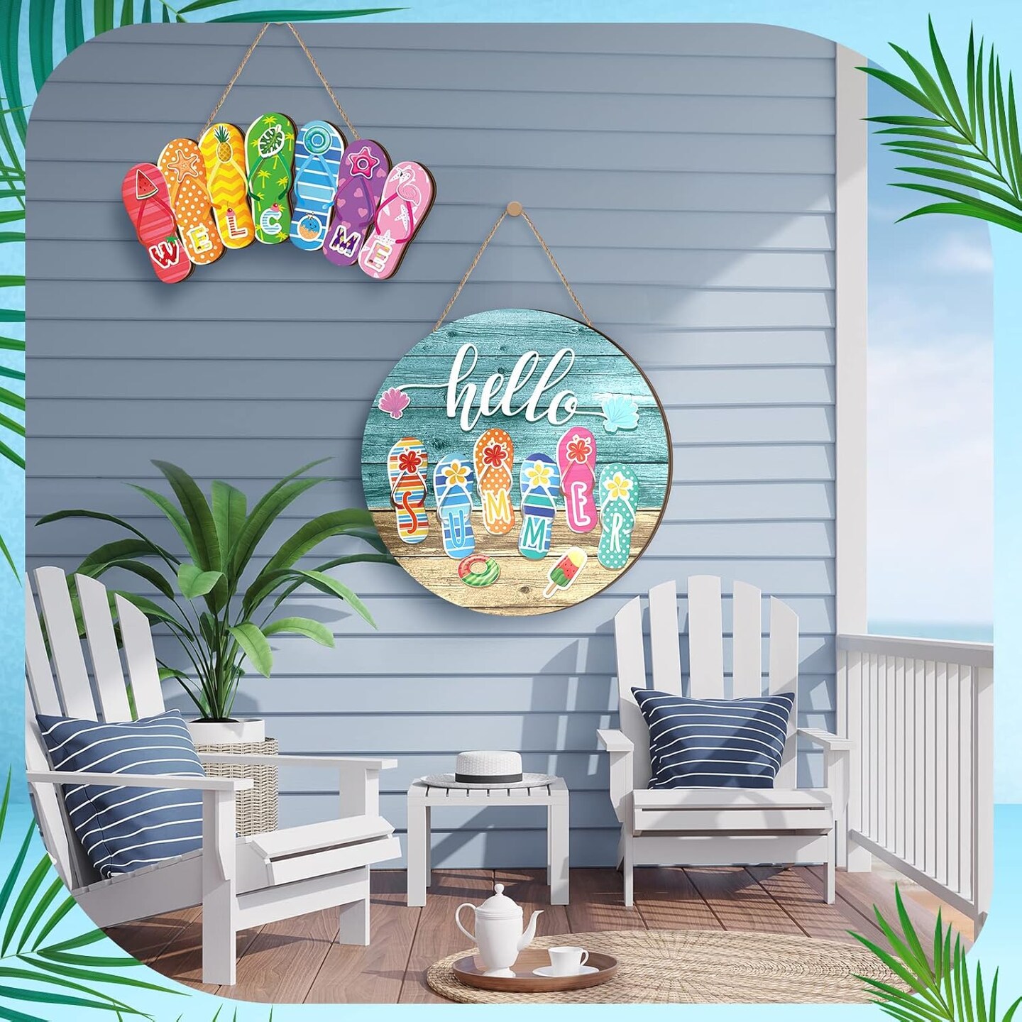 2 Pcs Hello Summer Slippers Hanging Sign Flip Flop Welcome Door Decor Rustic Summer Wall Decor for Door Indoor Yard Outdoor Garden Decoration with Rope