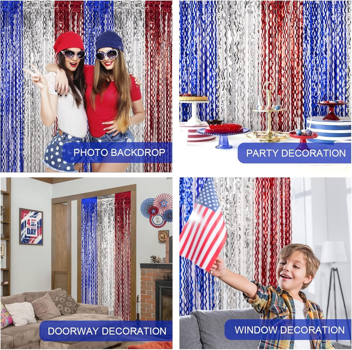4th of July Decorations,Red White and Blue 3 Pack Wave Tinsel Foil Fringe Curtains,Independence Day Photo Booth Prop Streamer Backdrop for America Patriotic Party,Memorial Day,Labor Day