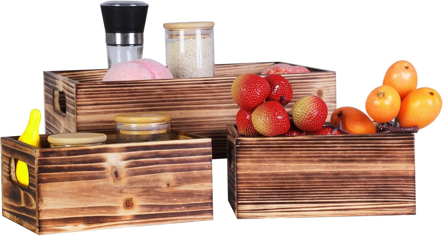 Wooden Crate Stackable Decorative Wood Crates set of 3 for Storage Display Rustic Nesting Box Basket Home Decoration Boxes Container Bin with Handles Farmhouse Decor,Solid Pine,L+M+S