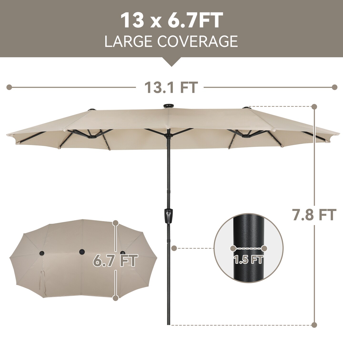 13ft Large Rectangular Outdoor Patio Umbrella with Solar Light, Reversible Outdoor Shade with Crank and Tilt for Garden, Patio, Deck and Pool (Beige)
