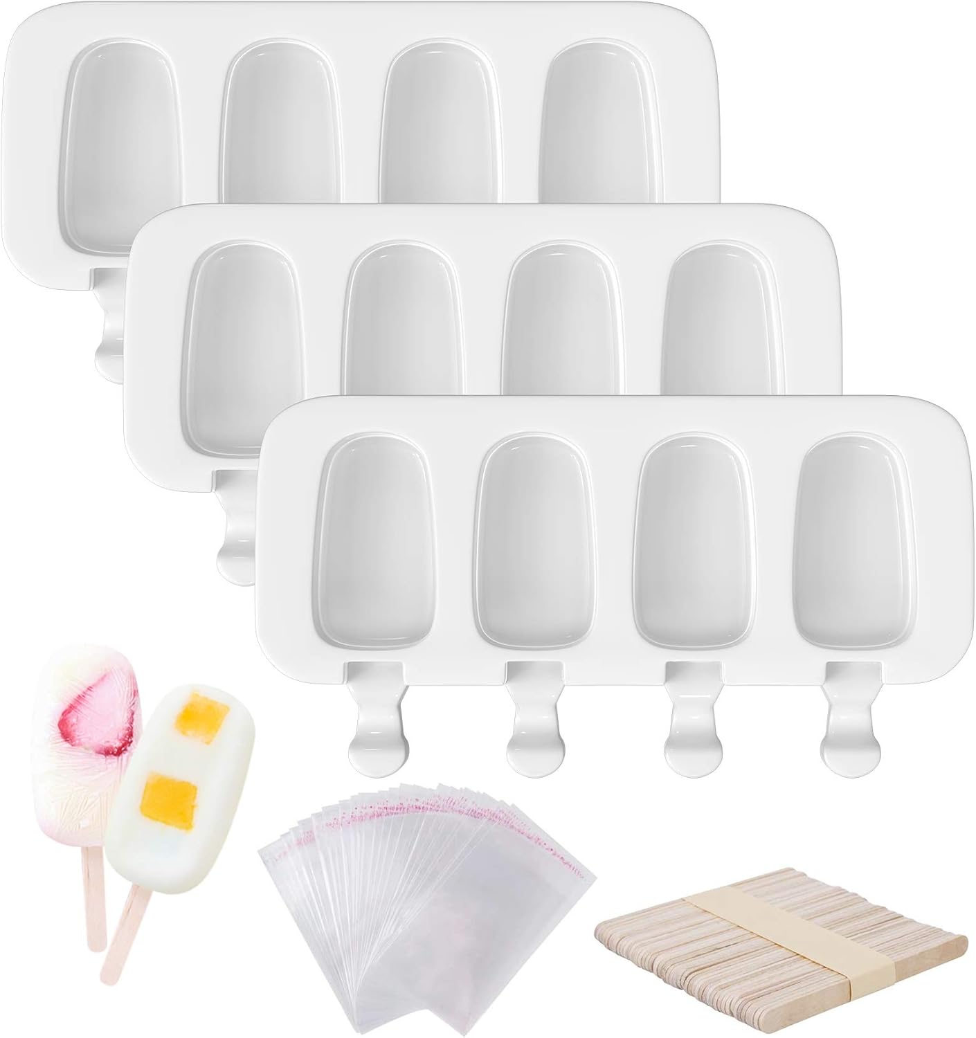 3-Set Silicone Popsicle & Cake Pop Molds – 12-Cavity Ice Pop & Cakesicle Maker with 50 Wooden Sticks & 50 Self-Adhesive Bags for DIY Ice Cream, Yogurt & Fruit Treats (White)