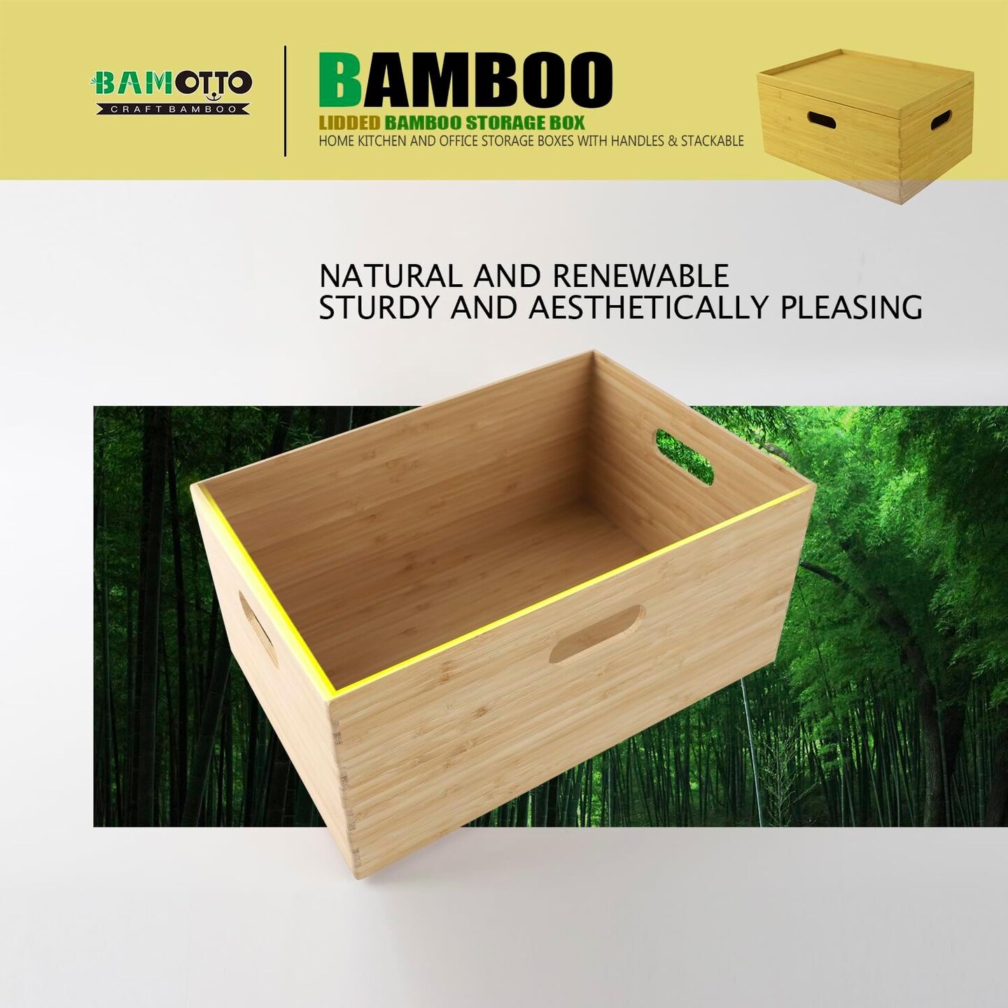 Lidded Bamboo Storage Bins &#x26; Box/Cube/Basket, Home Kitchen and Office Storage Boxes with Handles &#x26; Stackable for Organizer Tableware, Clothing, Toys, Office Shelf Books, 14.6&#x201D;x10.2&#x201D;x6.5&#x201D;