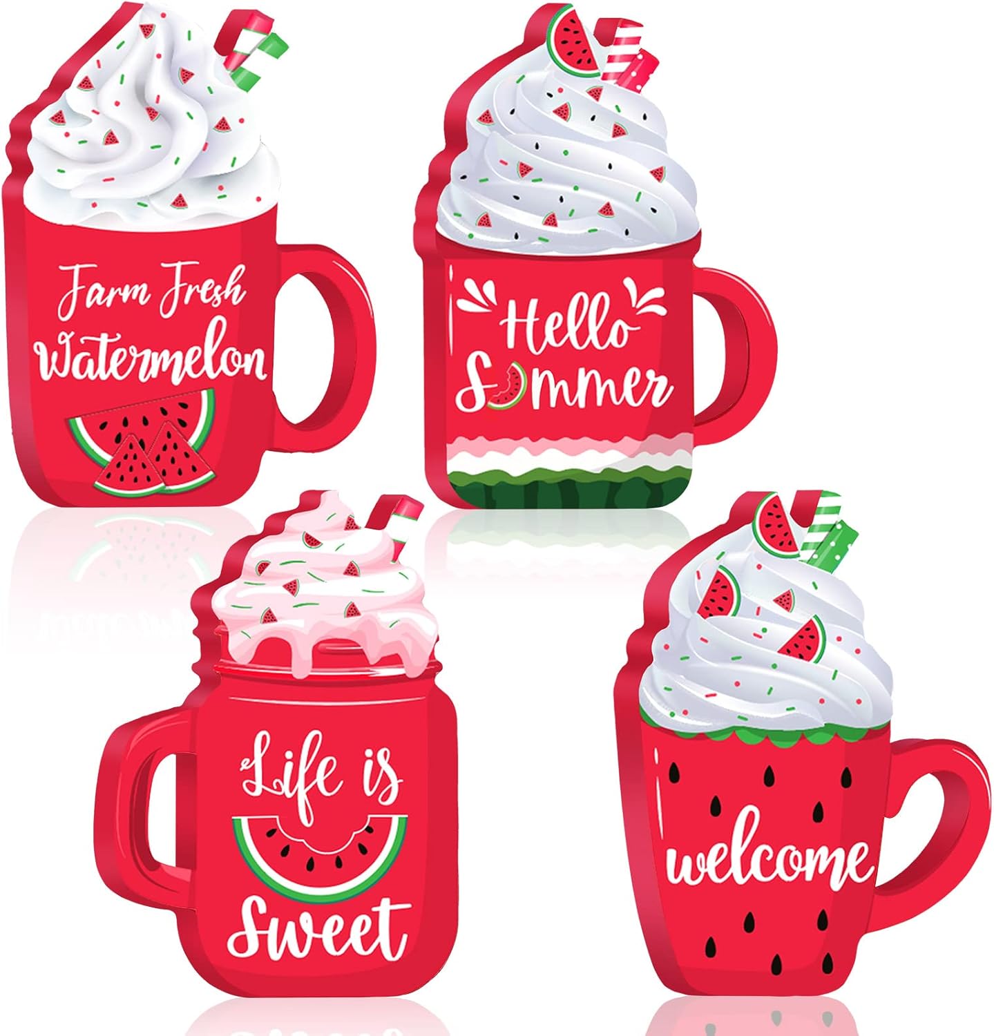 4 Pcs Watermelon Summer Wooden Tabletop Decor Wood Watermelon Decorations Self Standing 3D Rustic Farmhouse Summer Decor Wooden Block Signs for Home Kitchen Shelf Centerpiece