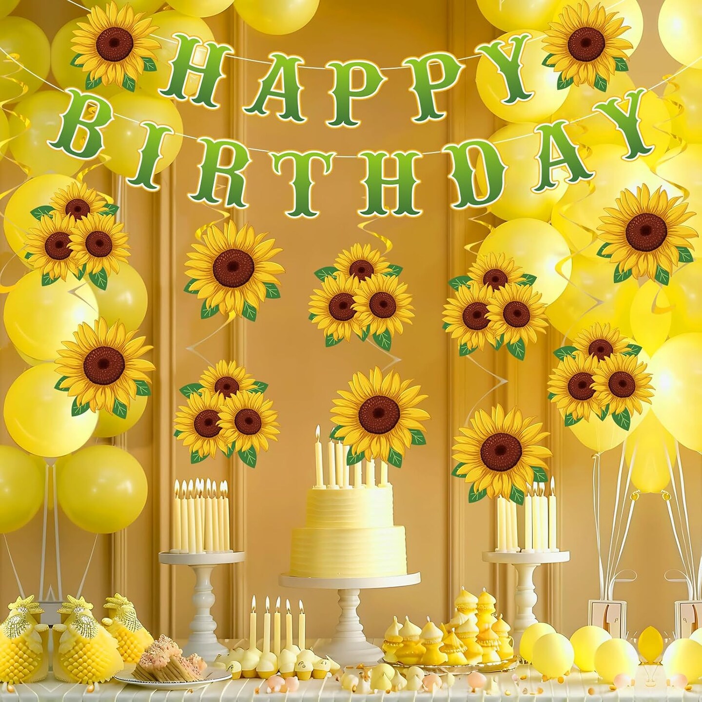 Sunflower Summer Birthday Decorations - Summer Banner &#x26; Yellow Hanging Swirls, Themed Party Decor for Women &#x26; Girls