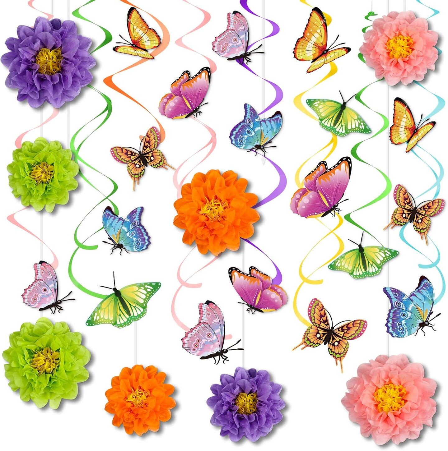62 Pcs Spring 3D Flower Butterfly Hanging Swirls Decorations Butterfly Cutouts with Floral Paper Ball Colorful Ceiling Streamers for Birthday Summer Easter Party Baby Shower Wedding Home
