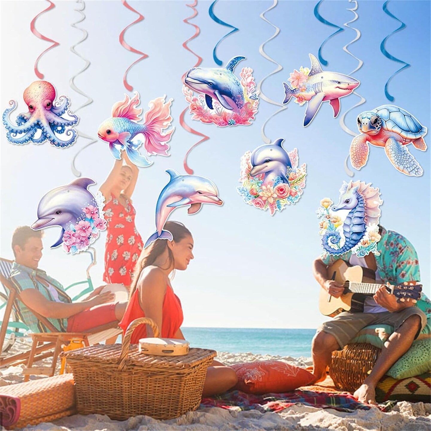 18 Pieces Ocean Animals Hanging Swirl Summer Decorations, Under The Sea Party Decor Marine Life Party Swirls Streamers