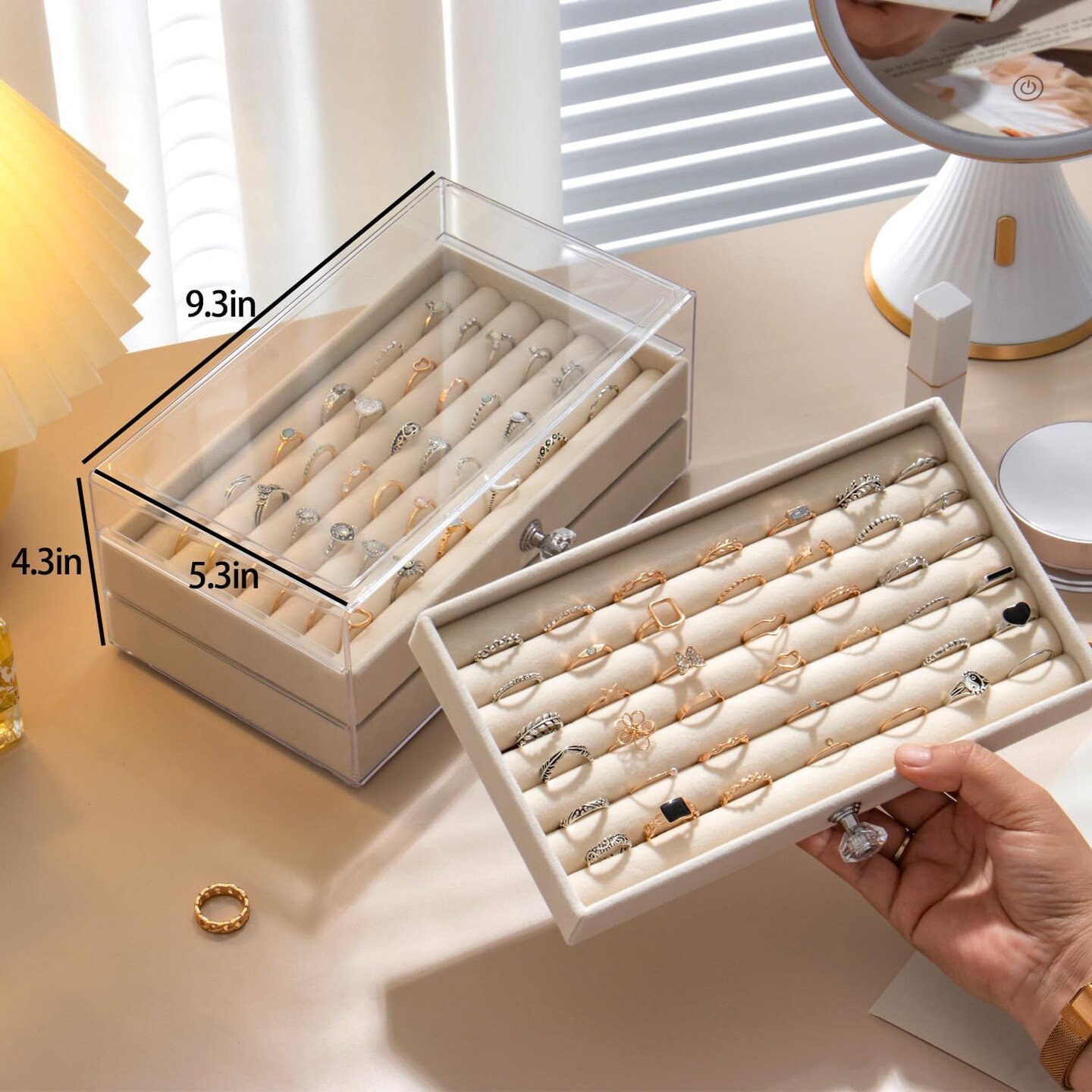 Clear Velvet Jewelry Organizer with 3 Drawers – Ring and Stud Earring Storage Display Box (Beige)