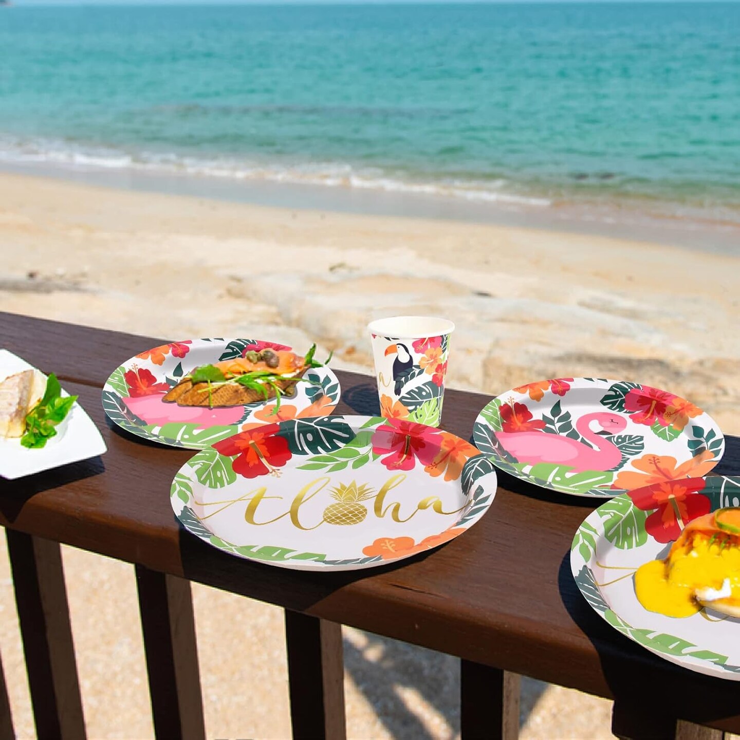 Tropical Luau Party Supplies Flamingo Party Dinnerware Set Disposable Paper Plates Napkins Cups and Tablecloth for Hawaiian Beach Party Decorations
