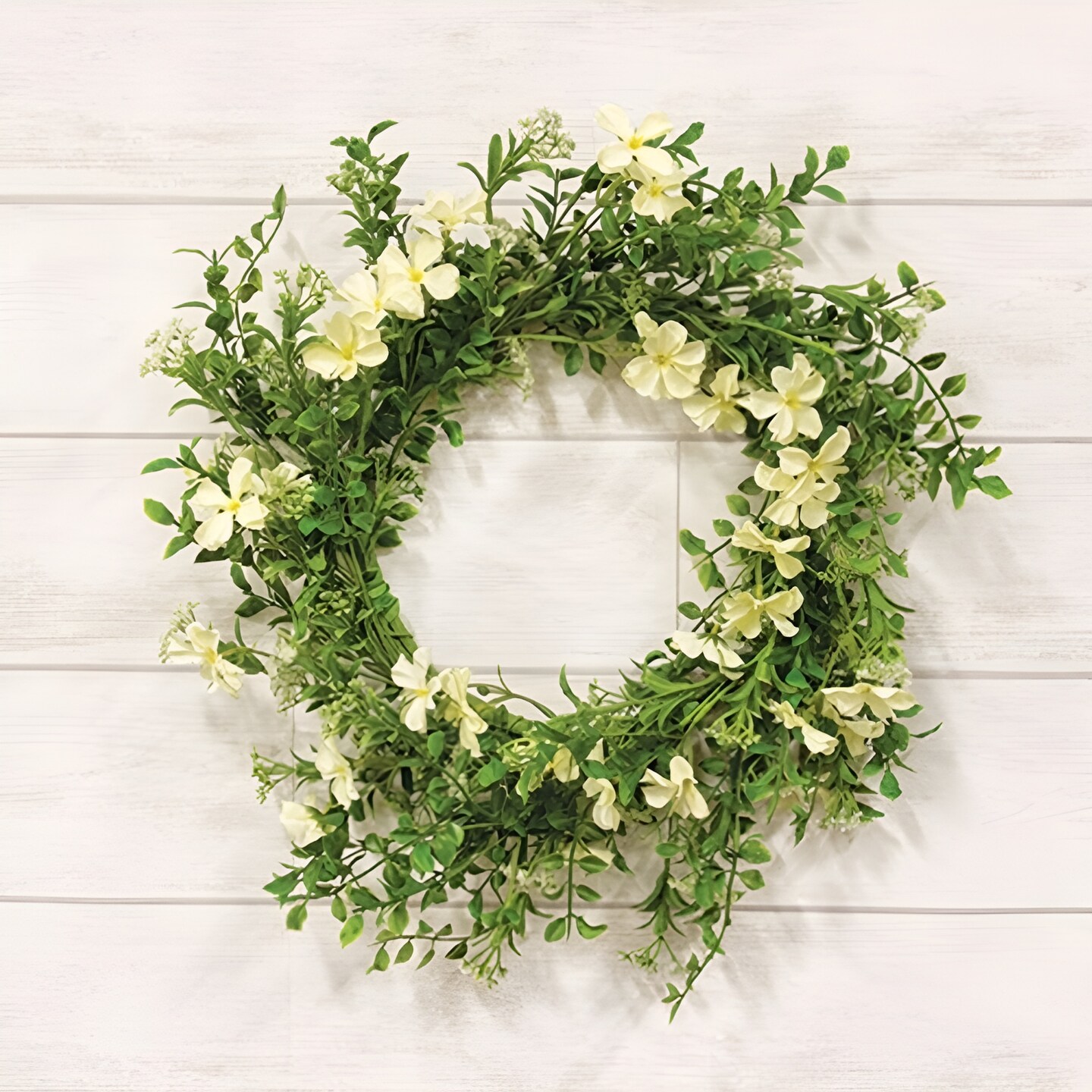 Spring Summer Door Wreath with Cream Flowers and Green Leaves 22 Inch