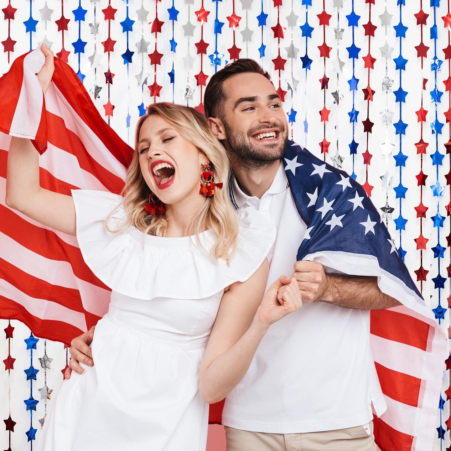 4th of July Decorations, 4 Pack Red Blue and White Star Tinsel Foil Fringe Curtains with 1 Pack Banner, Independence Day Fringe Curtain Backdrop for Photo Booth, Memorial Day, Patriotic Party