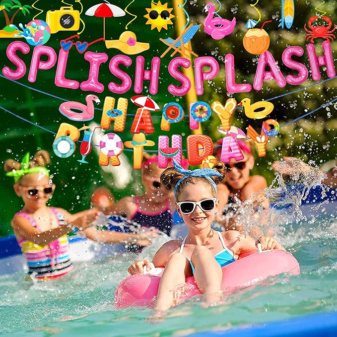 Girls Pool Party Happy Birthday Banner Pool Party Balloons Decoration Summer Birthday Decorations Splish Splash Birthday Decorations Beach Birthday Party Decorations