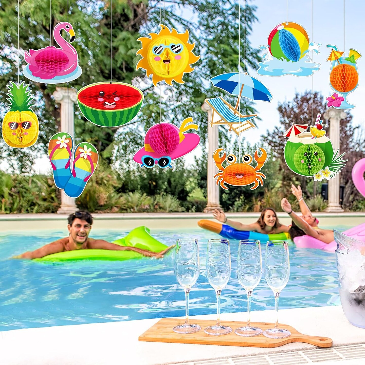 11 Pcs Summer Beach Party Hanging Decorations School&#x27;s Out for Summer Ceiling Hanging Decor with 3D Honeycomb Ball End of School Year Pool Party Ornaments for Luau Hawaii Grad Beach Vacation