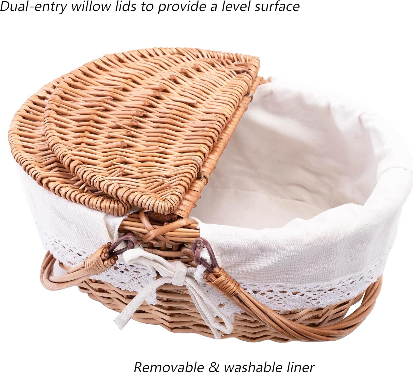 Large 15.4&#x22; Wicker Picnic Basket with Removable Liner Empty Picnic Baskets with Lid, Picnic Hamper with Foldable Handles for Picnic, Natural Color, Large