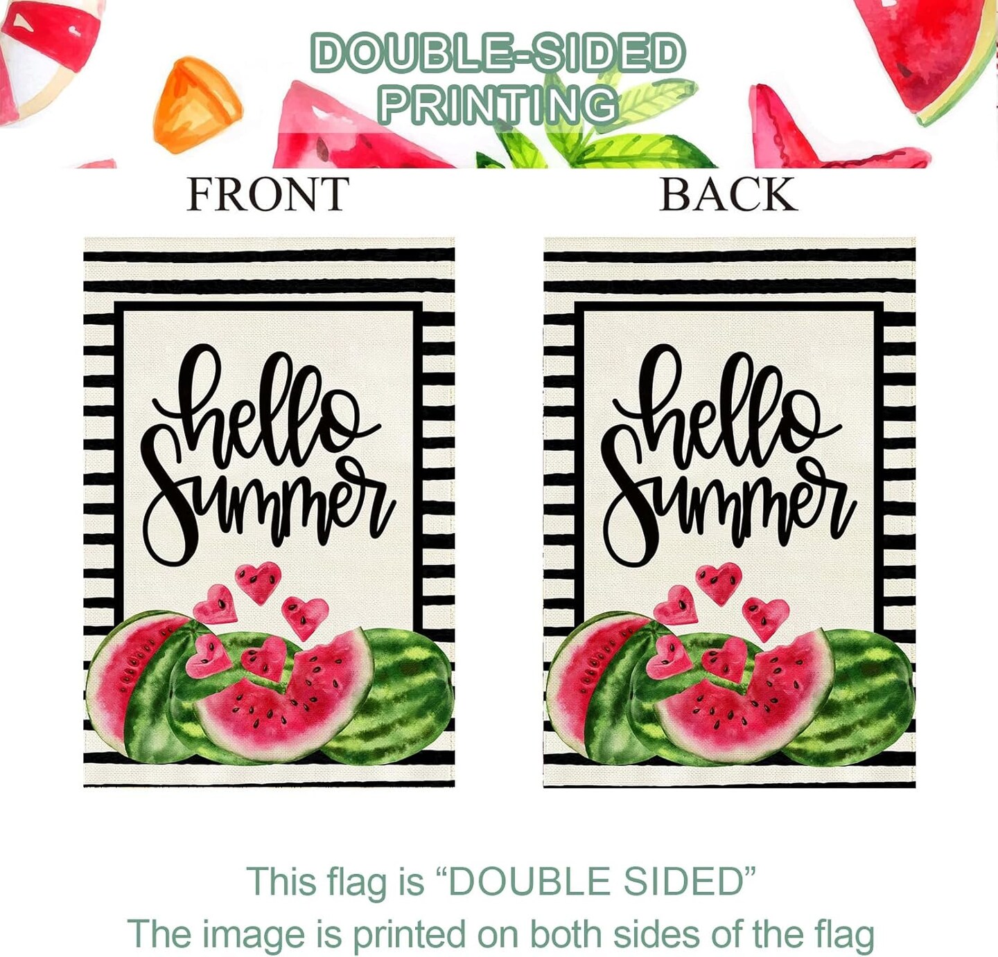 Hello Summer Watermelon Garden Flag Double Sided Black Stripes Watermelon Fruit Cool Summer Yard Flag Seasonal Holiday Outdoor Outside Decoration 12.5x18 Inch