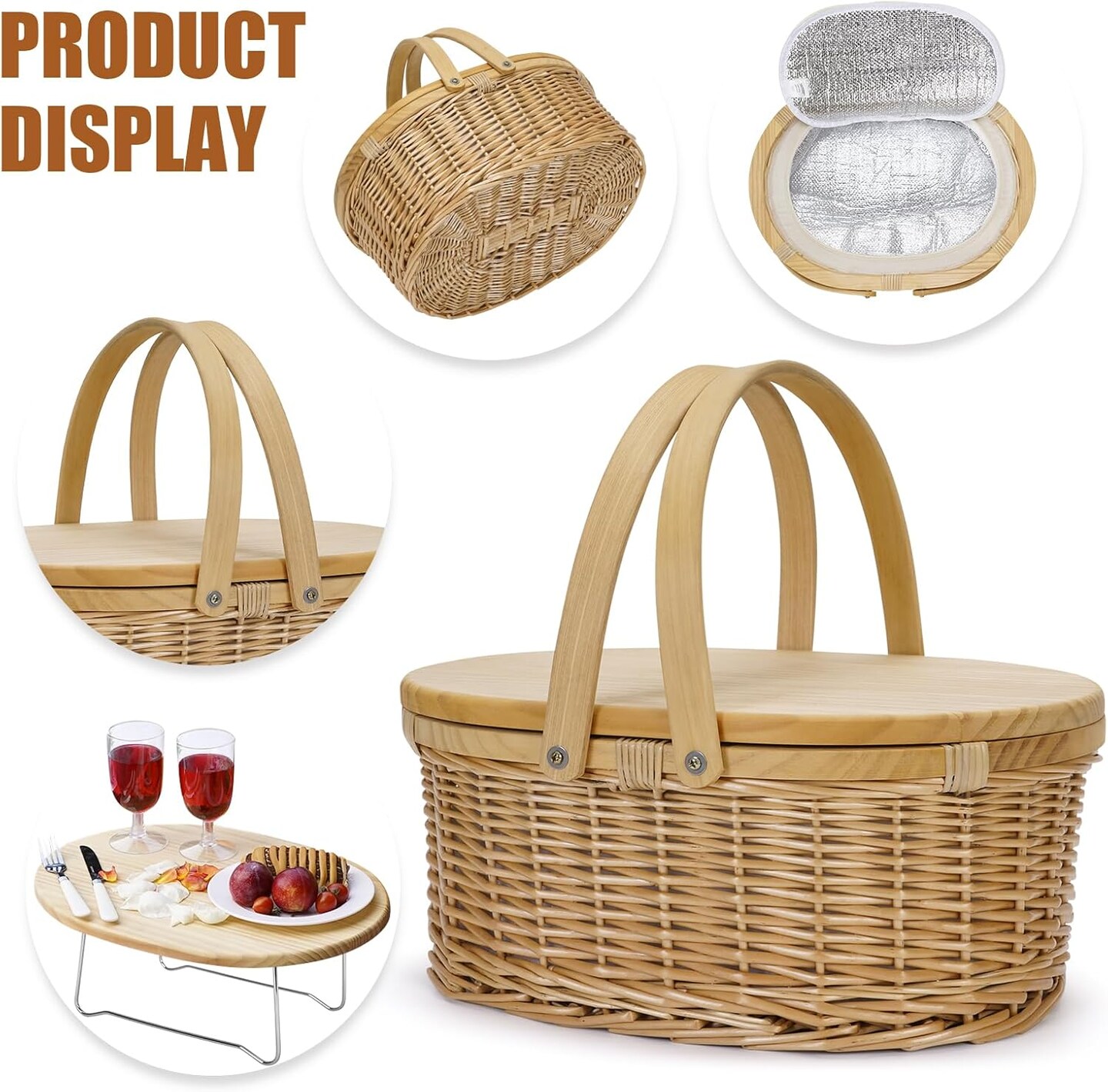 Wicker Picnic Basket for 2 with Table & Swing Handles, Picnic Baskte Set with Cooler for Beach, Camping, Park, Outdoor Party. Willow Picnic Basket Cooler Baskets for Wine Lover.