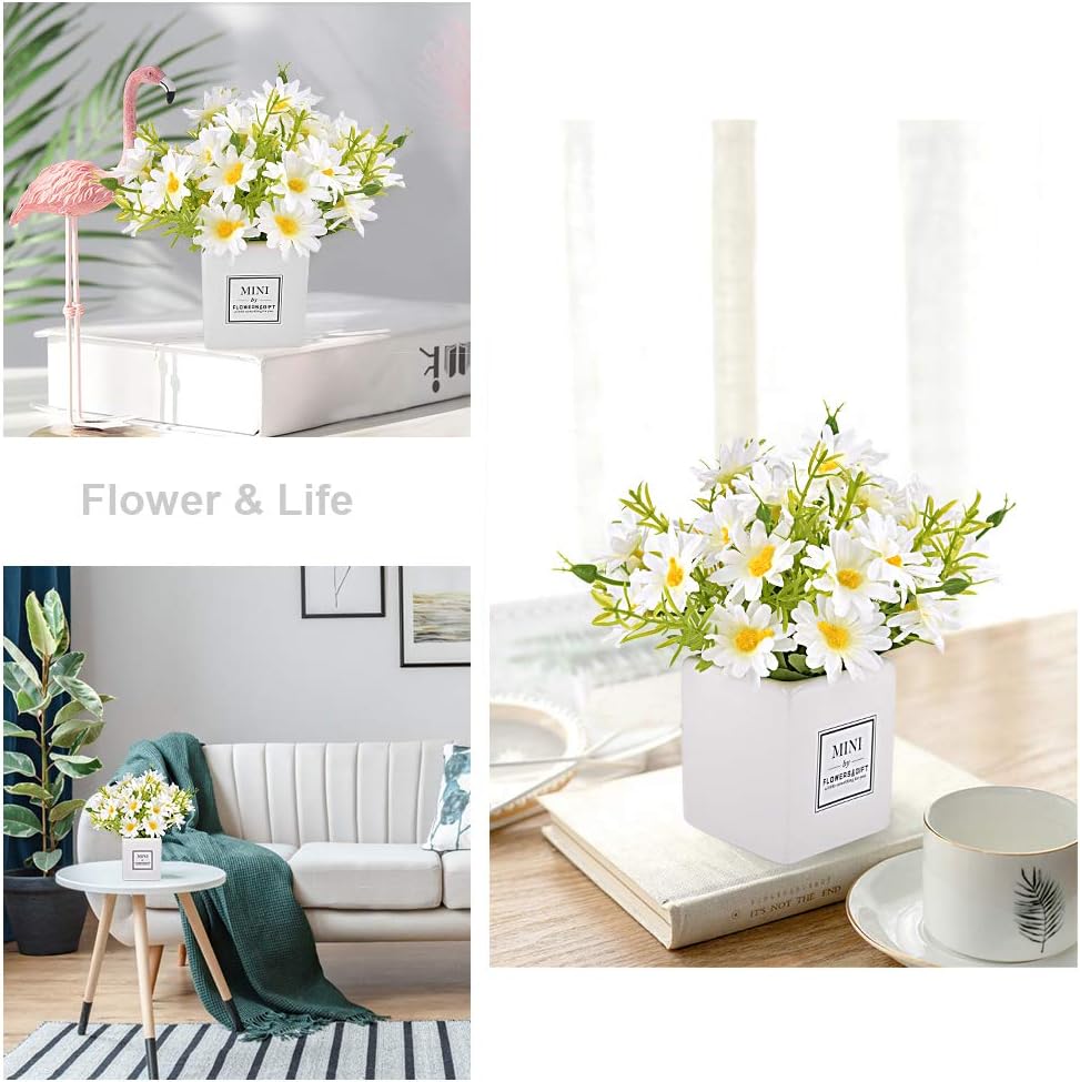 Artificial Flowers, Faux Flowers in Vase Small White Daisy Decor Mini Silky Artificial Daisies Fake Plant Flower Decor for Home Decor Indoor Centerpiece Table Decorations