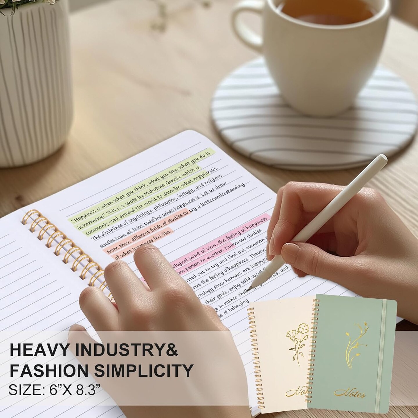 Aesthetic Spiral Notebook, 2PCS Cute Notebook, 8.3" x 6" Notebook For Women, A5 Spiral Journal Notebook for Office/School/Home (Green & Beige)