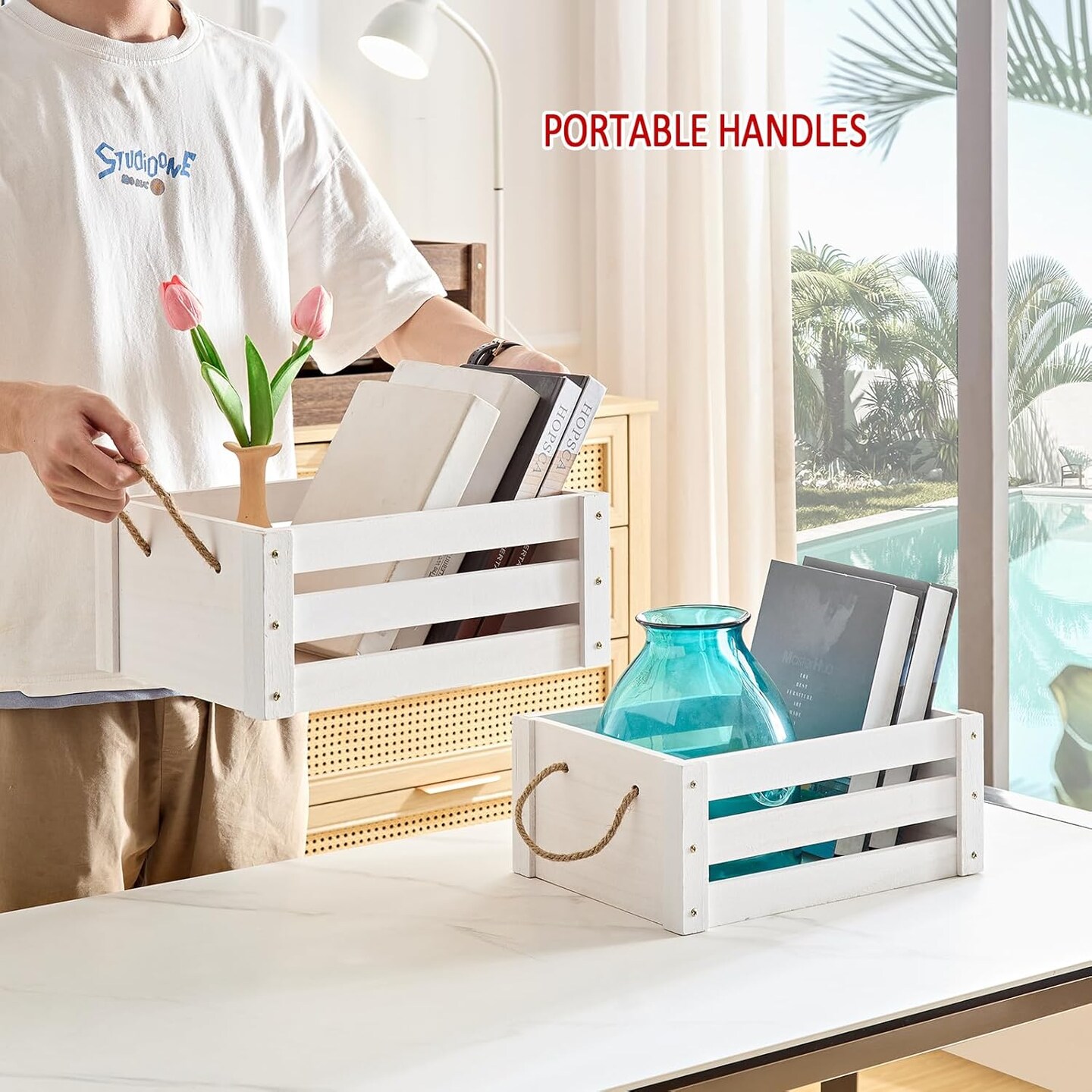 Farmhouse Crates for Storage and Display - Durable Wooden Box with Rope Handles, 2 Pack White Crates