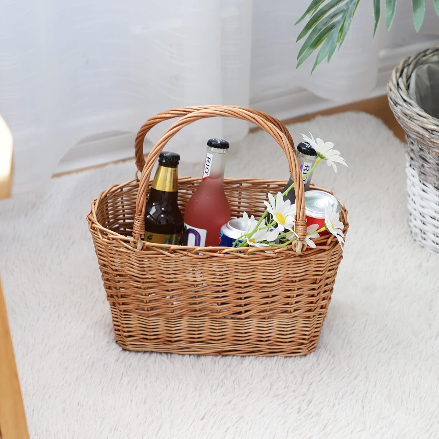 Natural Wicker Picnic Basket with Handle - Woven Willow Basket for Eggs, Candy, Groceries, Flowers, Gifts, Home &#x26; Outdoor Storage, 13x6x8 inches