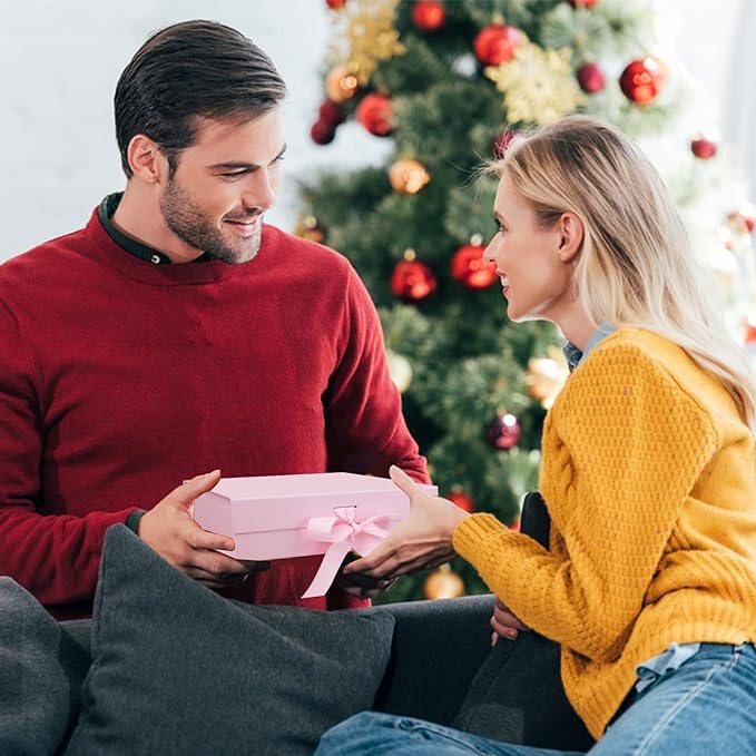 10.5"X7.5"X3.1" Pink Magnetic Gift Box with Lid and Ribbon for Presents