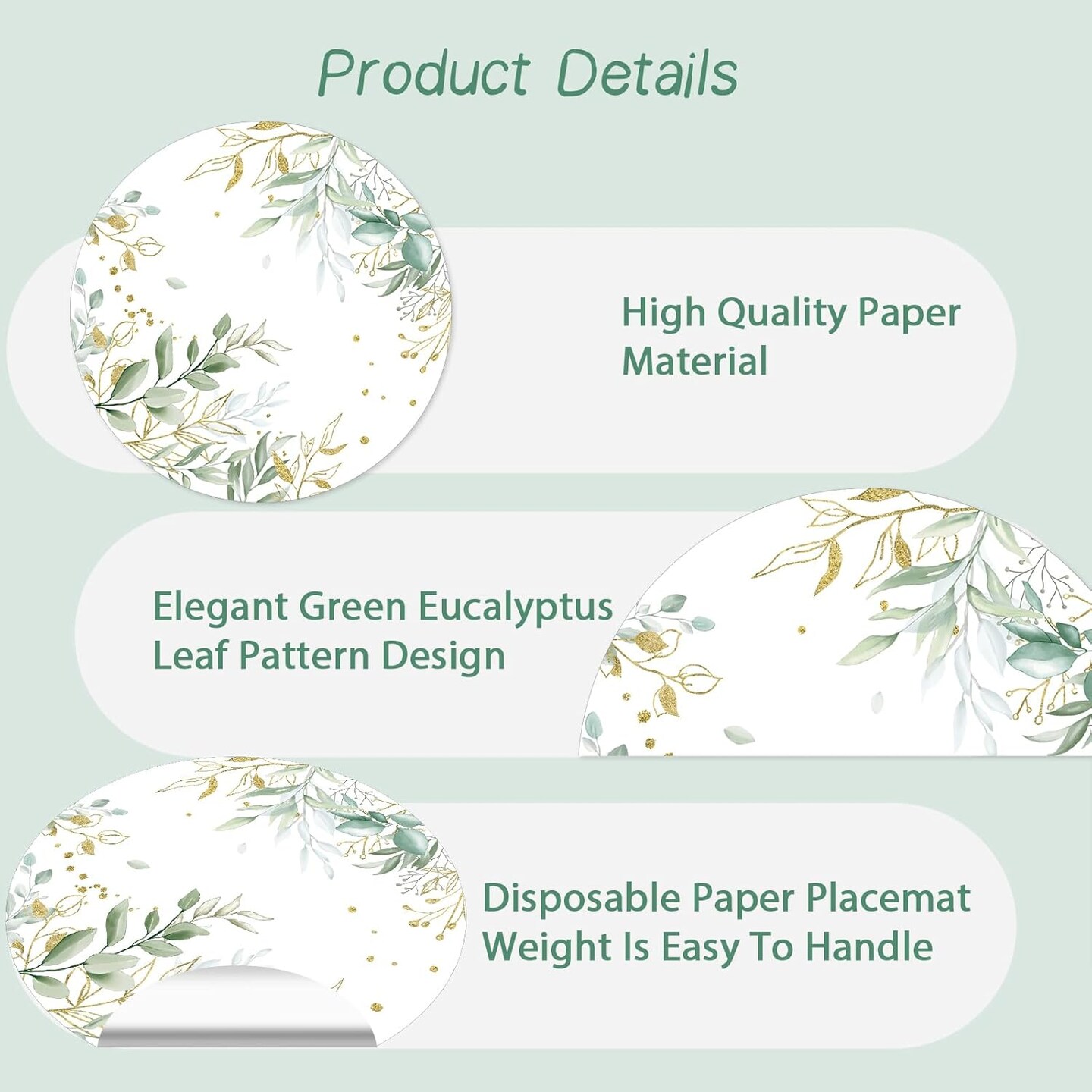 Paper Placemats Disposable 50 Pack Green Eucalyptus Leaves Place Mats 13.4 Inch Round Decorative Greenery Table Mats