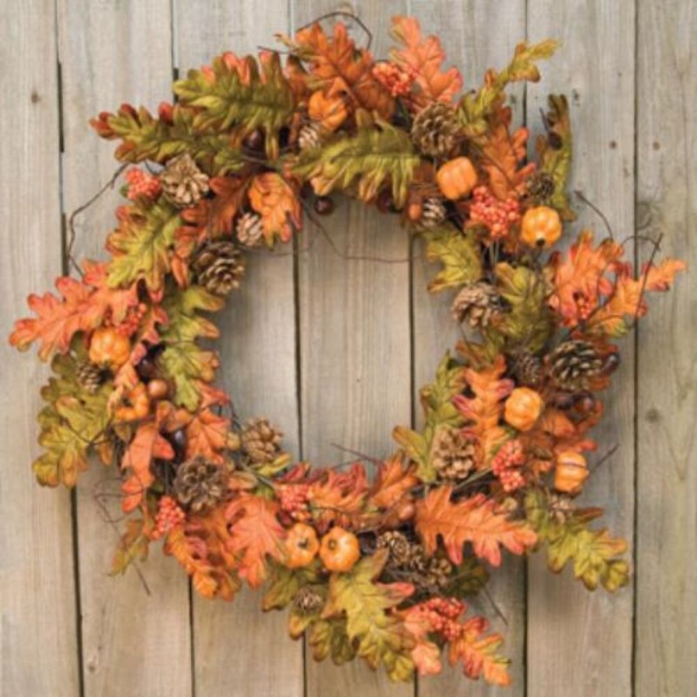20" Fall Decor Wreath Autumn Leaves Pumpkins Acorns and Pine cones for Seasonal Home Styling