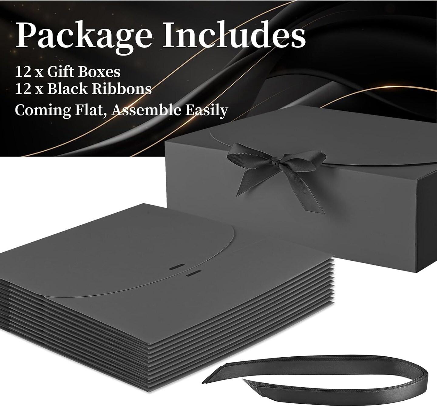12-Pack Black Gift Boxes with Lids – 10.6"x7.8"x3.1" | Includes Ribbon for Bridesmaid, Wedding, Birthday, Baby Shower & Holiday Gifts (Black)