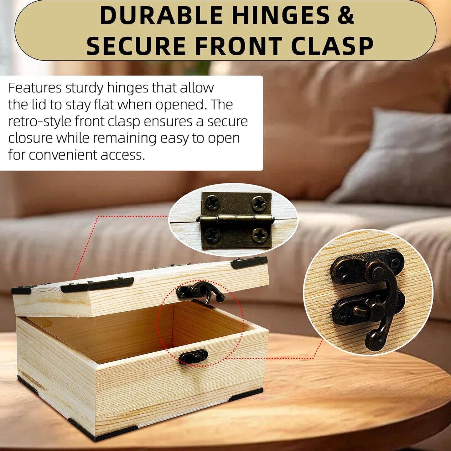 Unfinished Unpainted Wooden Box with Hinged Lid for Crafts DIY, Storage Jewelry Plain Pine Box with 4 Pcs Retro Style Decorative Corner Protectors