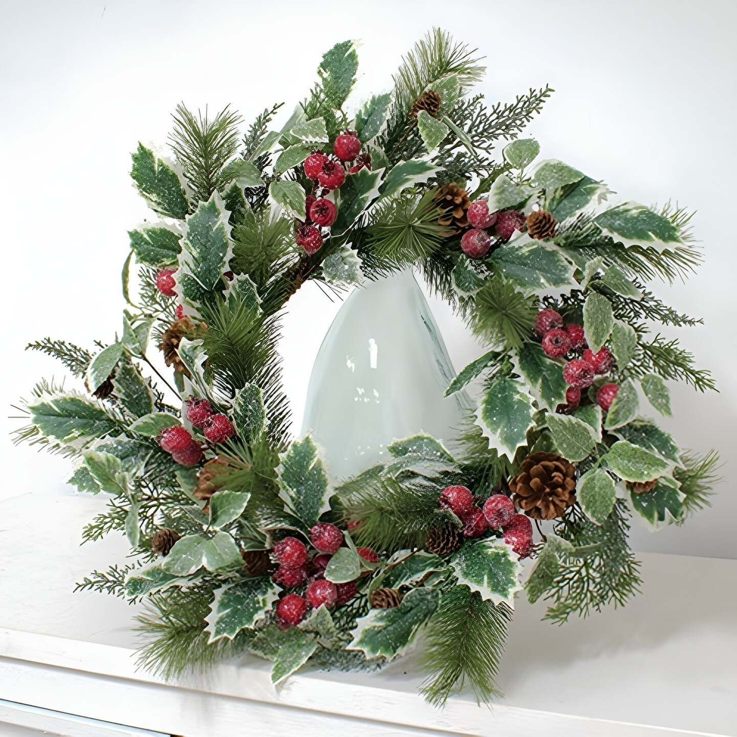 24 Inch Artificial Christmas Wreath with Pinecones Berries and Holly
