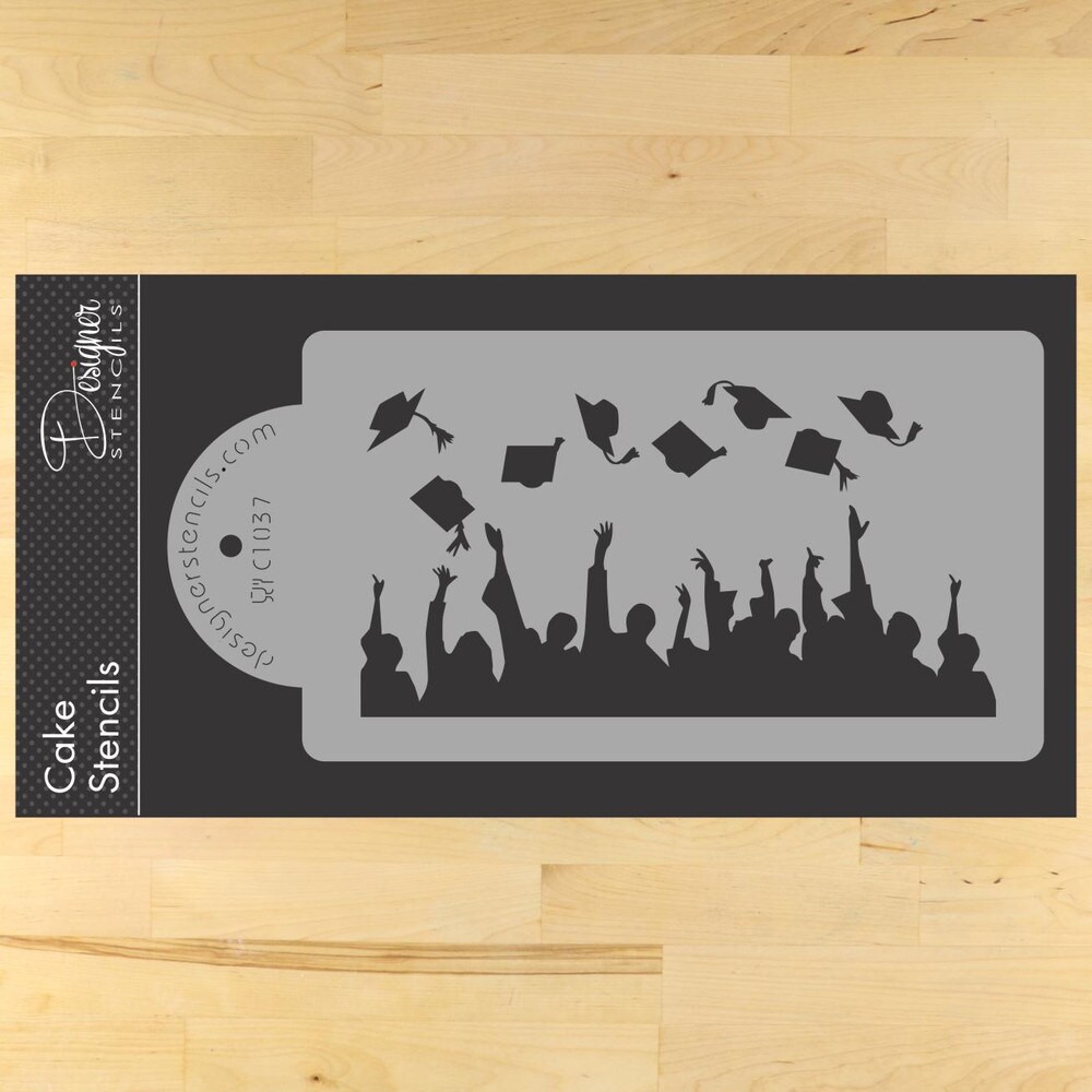Graduation Silhouette Cake Side Stencil | C1037 by Designer Stencils | Cake Decorating Tools | Baking Stencils for Royal Icing, Airbrush, Dusting Powder | Reusable Plastic Food Grade Stencil for Cakes | Easy to Use &#x26; Clean Cake Stencil