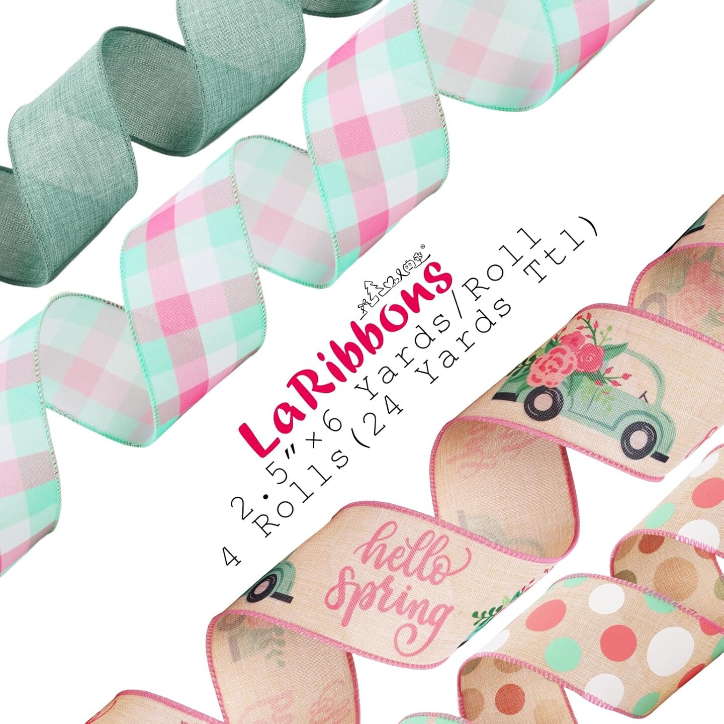 Spring Ribbon Wired 4 Rolls 2.5 Inch x 24 Yards TTL, Blue Car and Floral Ribbon with Plaid and Polka Dot Printed