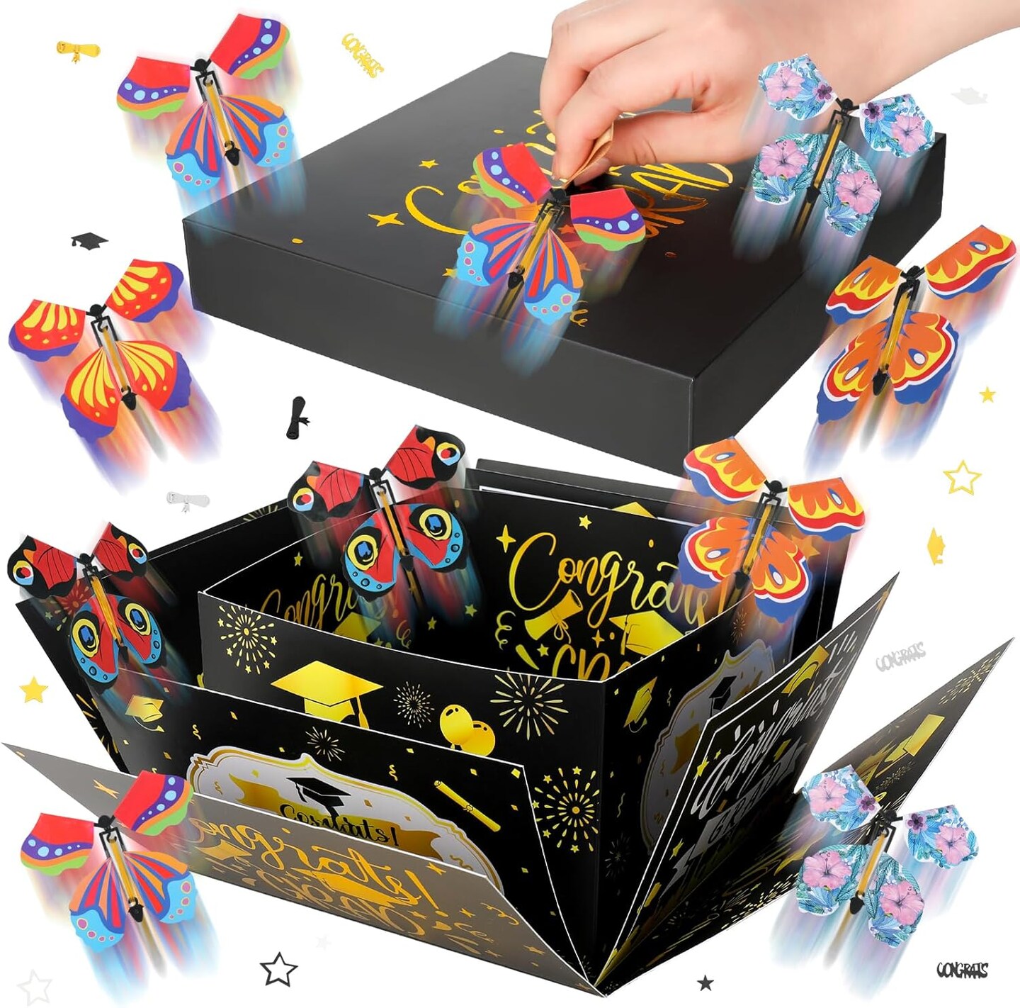 Graduation Flying Butterfly Surprise Box, Graduation Explosion Surprise Gift Box, Butterfly Party Favors DIY Exploding Surprise Butterfly Gift Box Graduation Gift for Graduate, 7.9x7.9x5