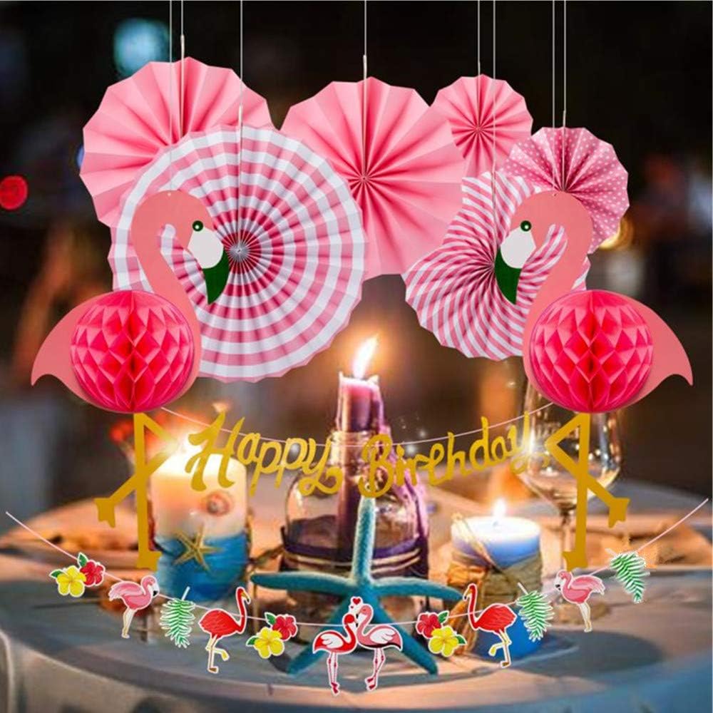 Flamingo Party Honeycomb Decoration, Hanging Pink Paper Fans, Birthday Banners, Swirl Decorations