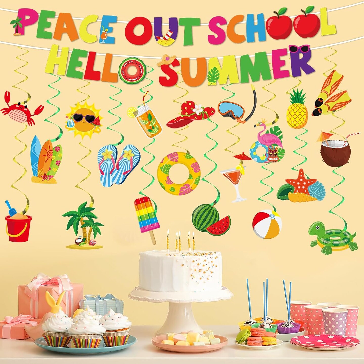Peace Out School Hello Summer Party Supplies Last Day of School Party Banners Schools Out for Summer Theme Hanging Swirls Centerpieces Set for Classroom Nursery Pool Vacation Beach Decorations