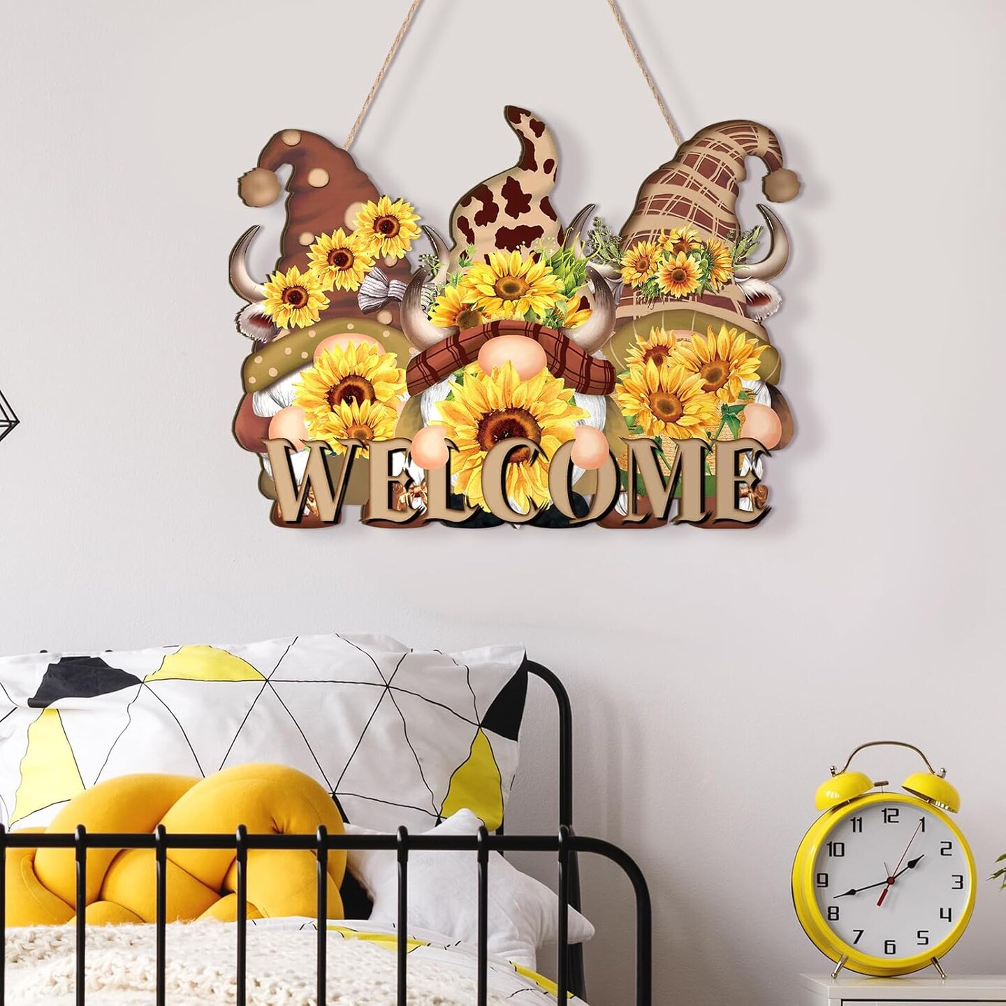 Sunflower Welcome Wood Door Hanger 15 Inch Large Wooden Flower Sign Inspirational Wall Porch Art Summer Fall Front Door Wreath Hanging for Bedroom Living Room Indoor Outdoor Kitchen Home Decor