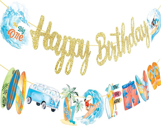 Surfing Happy Birthday Banners Glitter Summer Surfing Birthday Party Decoration Vintage Surfing Surfboard Banners for Summer Hawaii Beach Decorations The Big One Surf Party Supplies