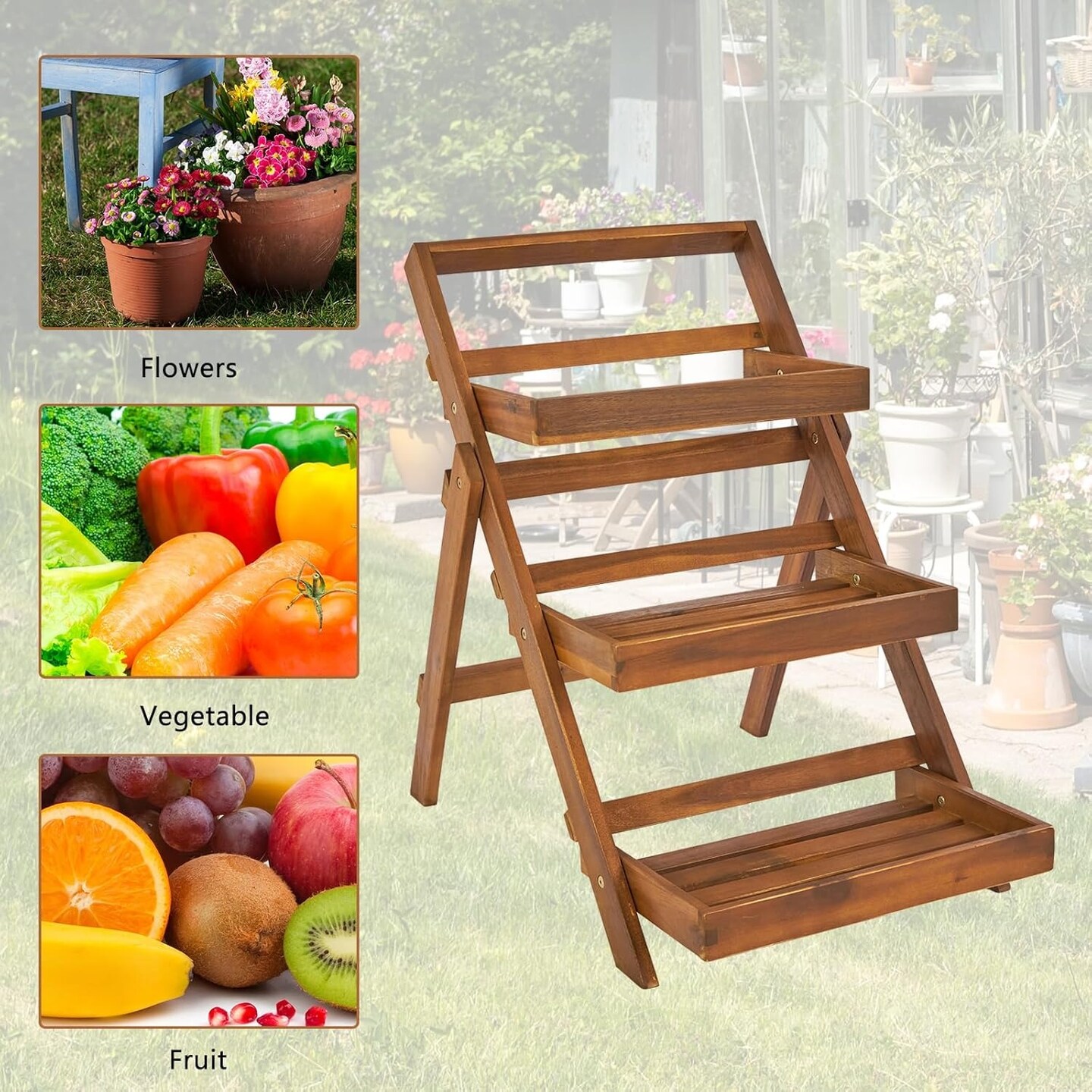 3-Tier Foldable Acacia Wood Plant Stand Display Rack