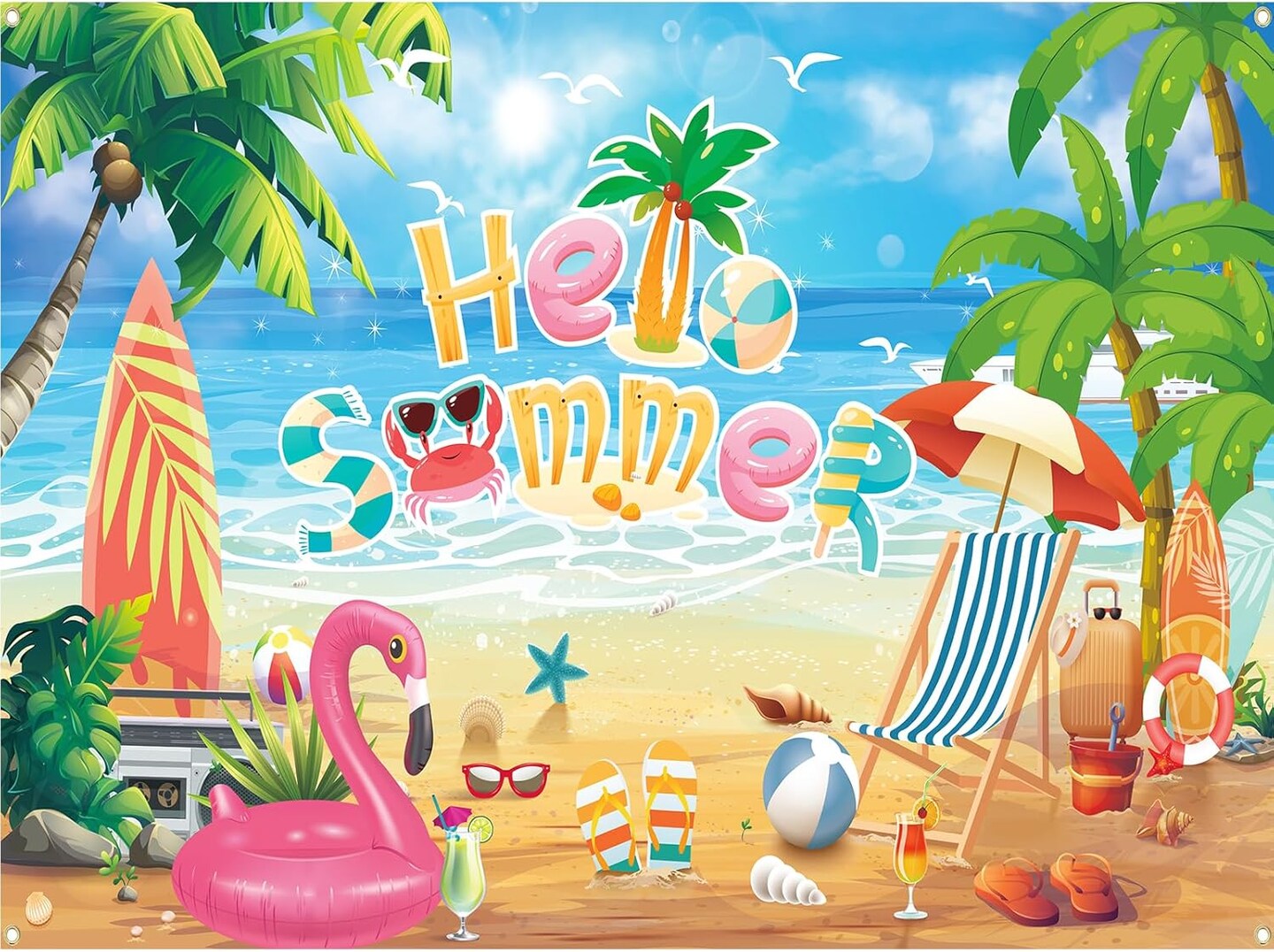 Hello Summer Beach Photo Backdrop, Schools Out for Summer Backdrop, End of School Year Party Decorations, 71 x 43 Inch