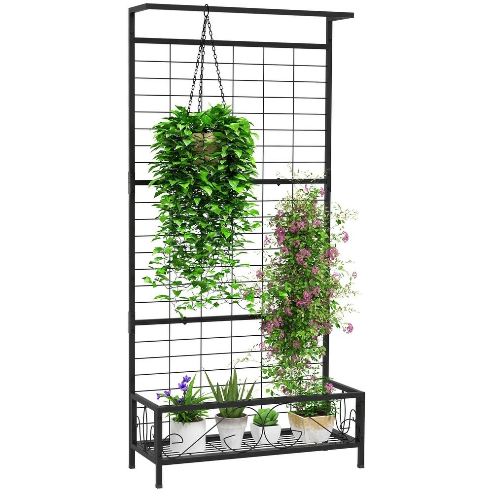 Multi-Tier Tall Metal Flower Plant Stand with Trellis & Hanging Bar