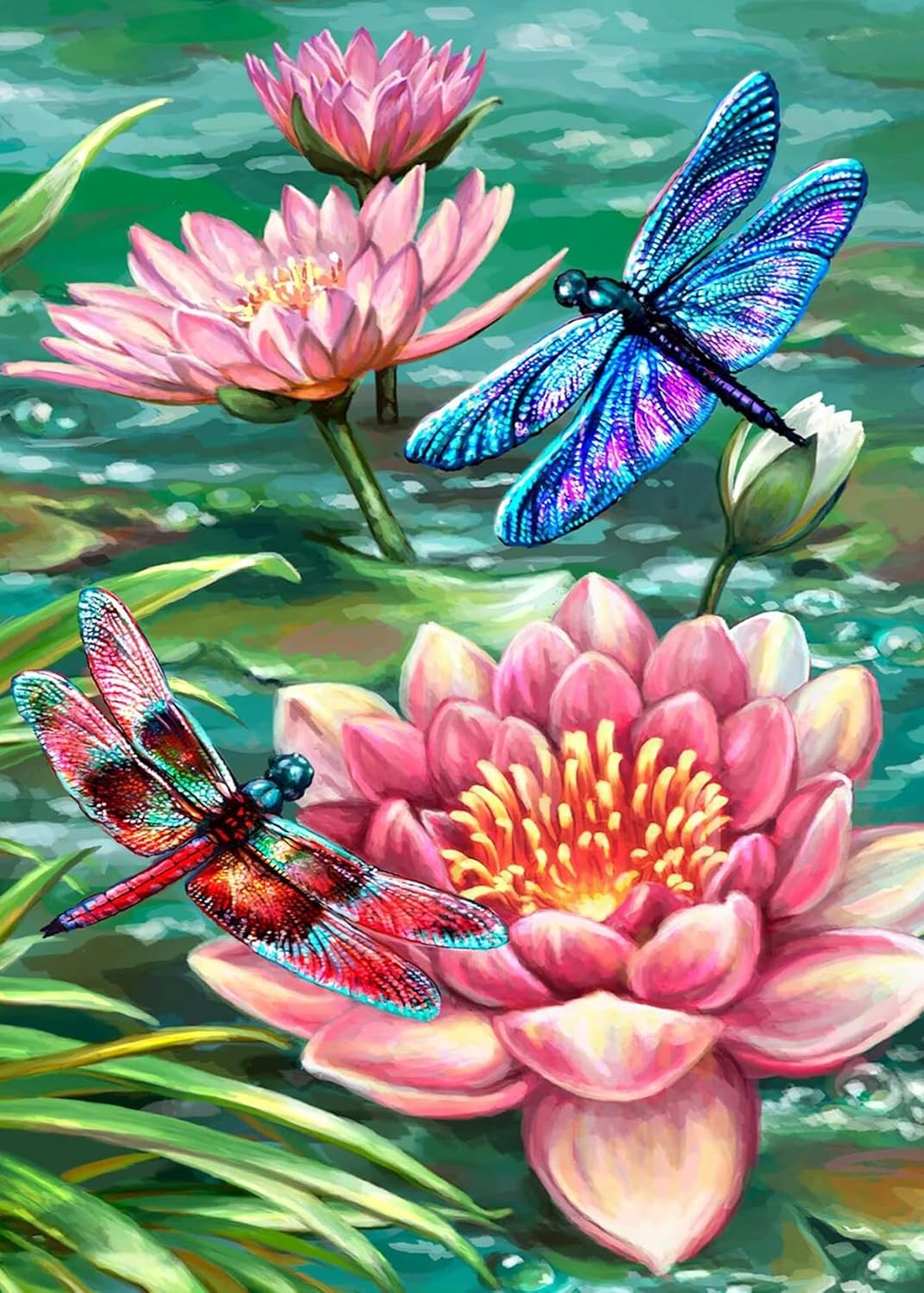 Lotus Diamond Art Painting Kits for Adults - Full Drill Diamond Dots Paintings for Beginners, Dragonfly Round 5D Paint with Diamonds Pictures Gem Art Painting Kits DIY Adult Crafts 12x16inch