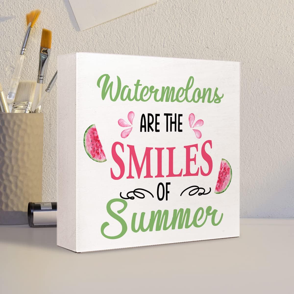 Watermelons are The Smiles of Summer Wooden Plaque Sign Desk Decor,Rustic Summer Watermelon Wood Block Sign Desk Decorations for Country Home Kitchen Farm Garden Shelf Table Decor