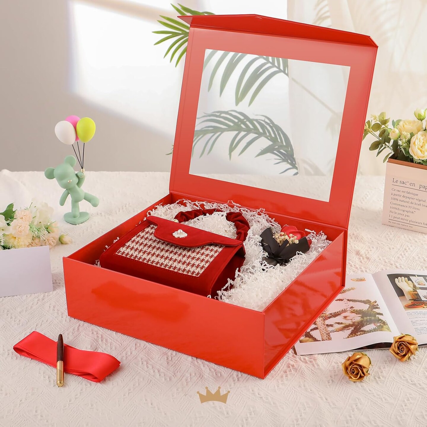 5 Extra Large Red Christmas Gift Boxes with Window – 16.3 x 14.2 x 5 Inches Clear Gift Boxes for Presents, Includes Ribbon & Card, Magnetic Lid, Bridesmaid Proposal Boxes