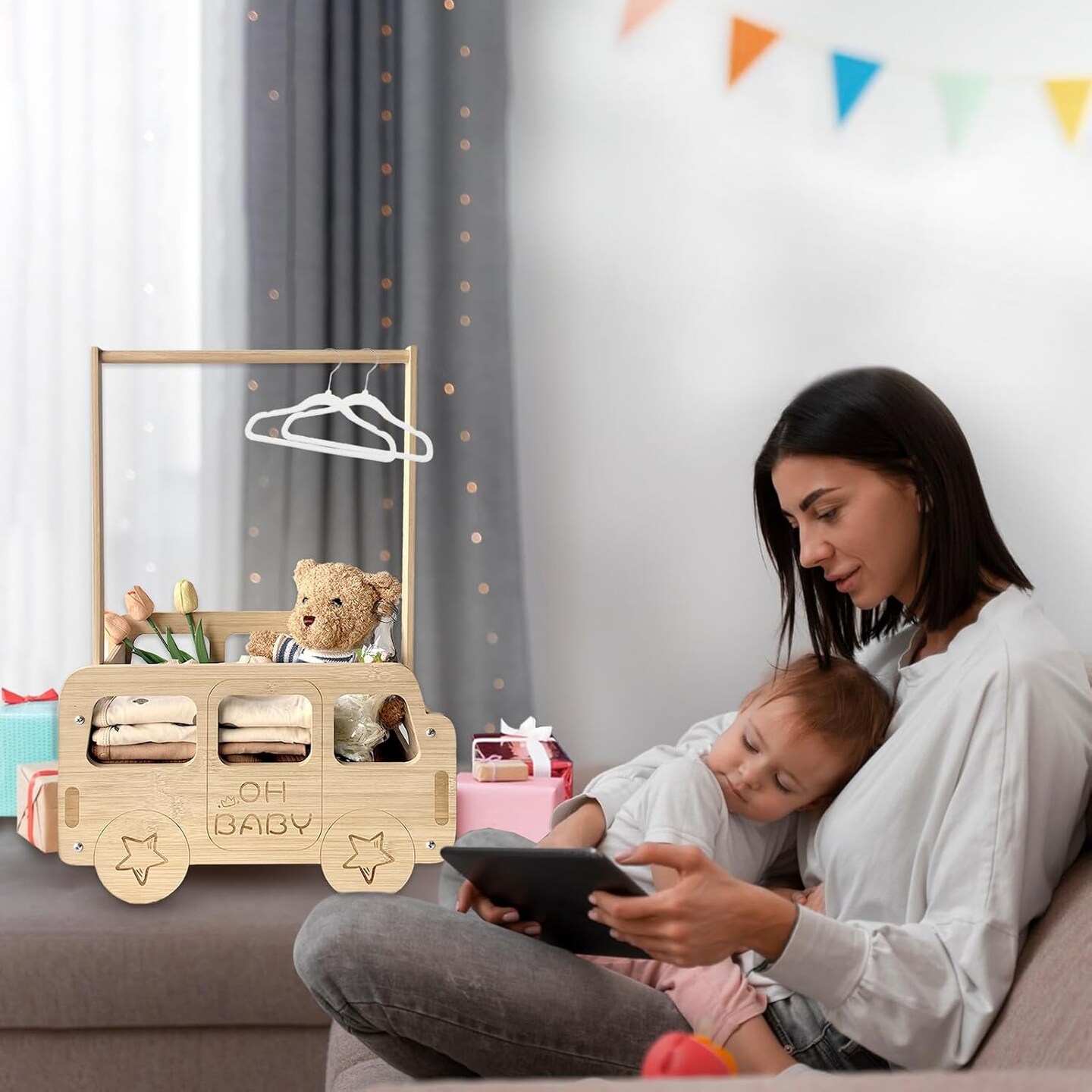 Baby Shower Crate Closet, Bus Shape Baby Shower Basket with Handle Baby Storage Crate, Wooden Crate for Pregnancy New Parent
