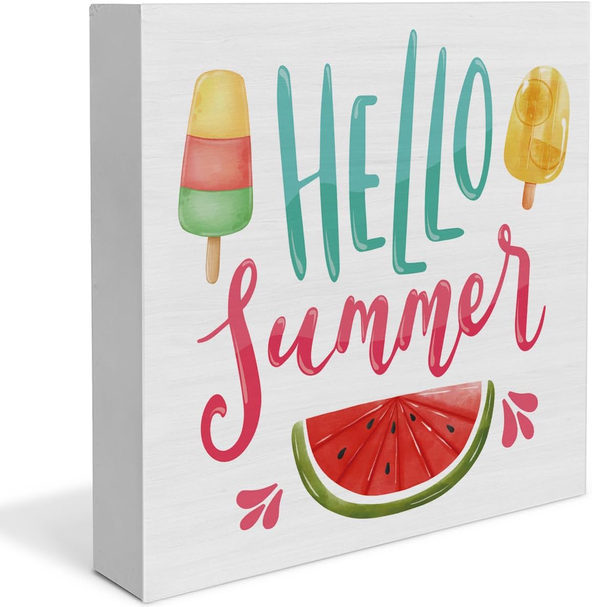 Hello Summer Decor Watermelon Decorations Ice Cream Wooden Sign Rustic Home Decor 5 x 5 Inches
