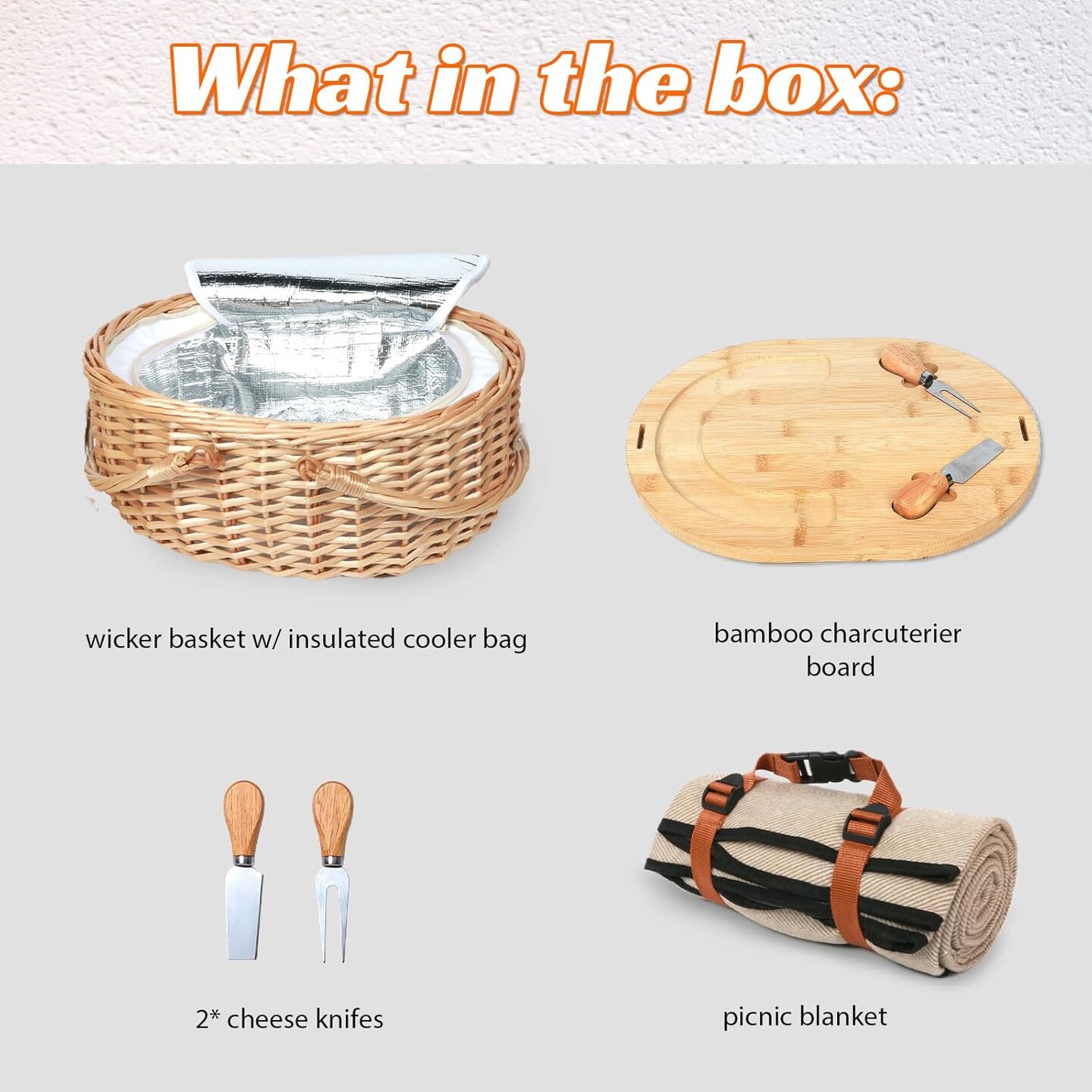 Dual Wicker Picnic Basket Set with Blanket for 2 - Unique Gifts Ideas for Couple, Engagement, Wedding, Bridal Shower, Family