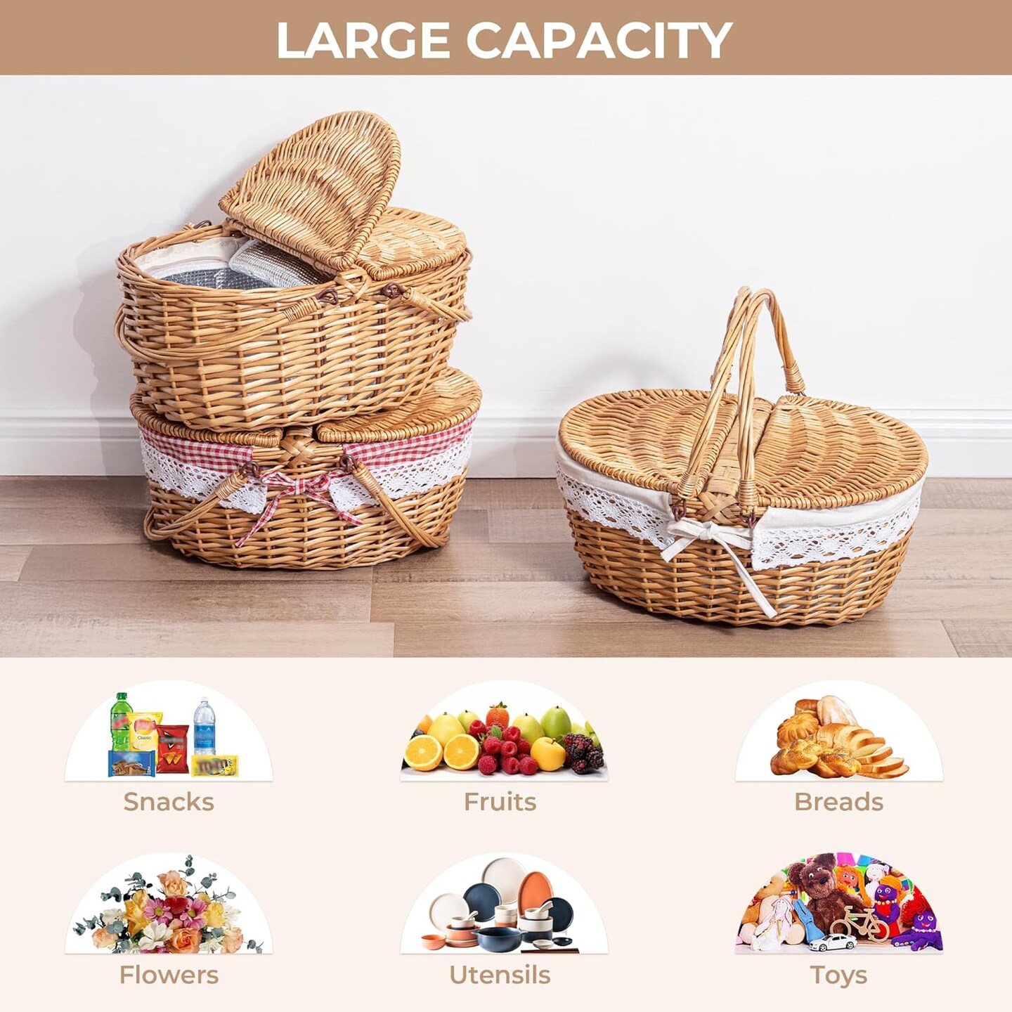 Picnic Basket, Wicker Basket with Lid, Woven Cute Basket with Handle, Storage Basket with Washable Lining &#x26; Dual-Flid Lid, Natural Willow Picnic Hamper, White Lining