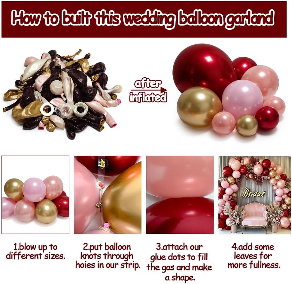 Burgundy Pink Balloon Garland - Double Stuffed Ruby Red Pearl Pink Gold Balloon Arch Kit Wine Red Maroon Metallic Balloons for Birthday Baby Bridal Shower Mother&#x27;s Day Engagement Wedding Party Decor
