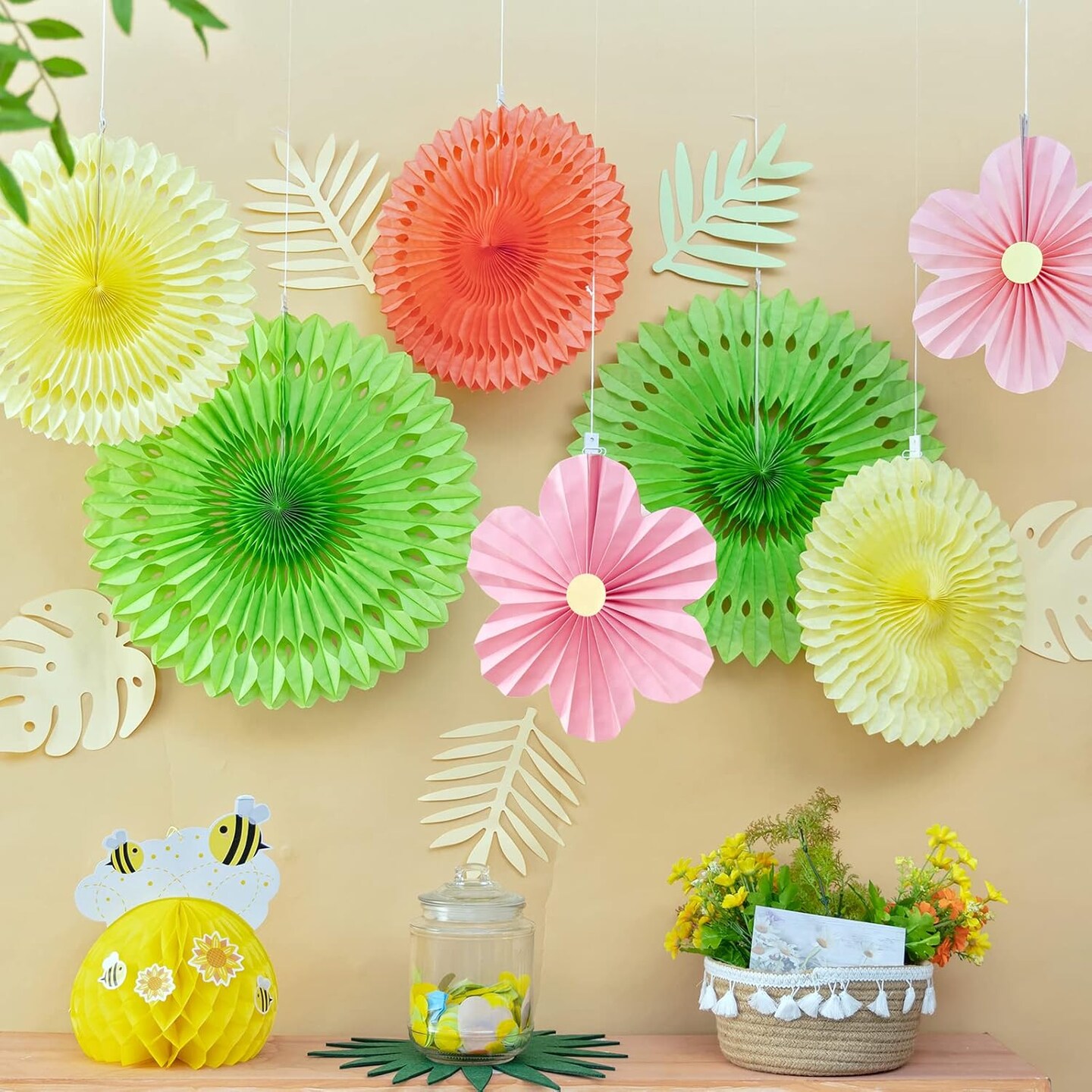 Paper Flowers Pink and Green Party Decorations Hanging Fans Spring Summer Decor for Wall Wedding Backdrop Bridal Shower Birthday - 9Pcs