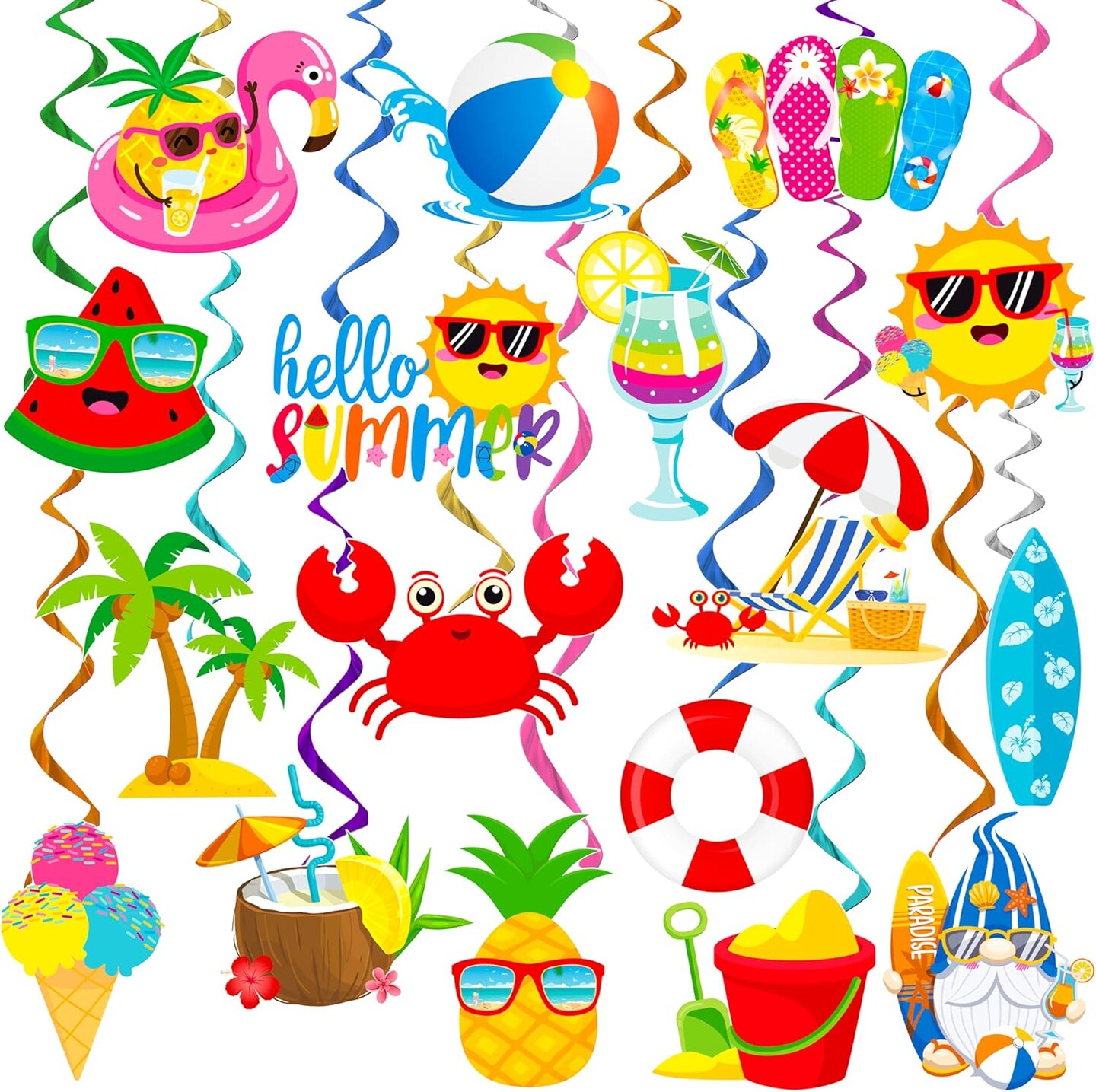 Summer Beach Pool Party Hanging Swirls Hello Summer Party Decoration 20pcs Beach Pool Themed Swirl Ceiling Summer Party Hanging Streamer for Hawaii Beach Pool Party Baby Shower Supplies