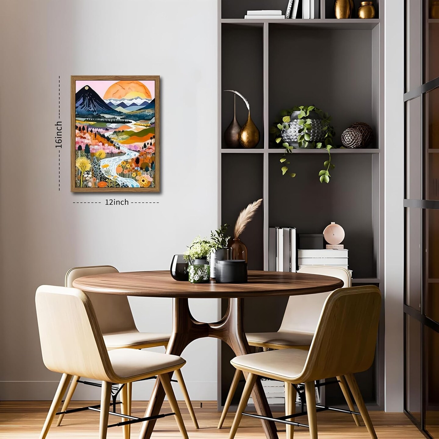 Wood Frame Boho Colorful Wall Art, Set of 3 Abstract Watercolor Mountain Landscape Wall Decor Painting, Modern Flower Aesthetic Posters Prints for Living Room Bathroom Bedroom 12x16In Framed